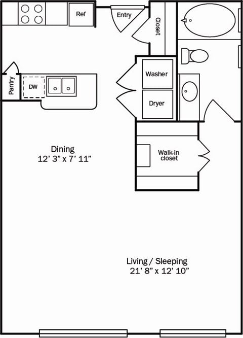 Floor plan for studio, 1 bath, 707 sqft